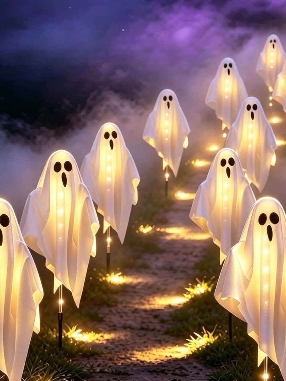 3-Pack & Solar Powered Ghost Halloween Decorations Outdoor, Auto On/Off